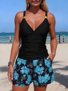 Swim Lushoire Conjunto de tankini de verano para vacaciones con top corto con tirantes finos y fruncido, y shorts de natación holgados de cintura alta con bolsillos para mujer - Multicolor - Ver 6