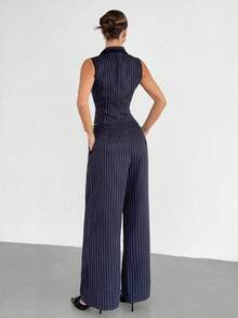 Traje de chaleco y pantalones con ribete de contraste elegante para mujer, todos los atuendos para mujer, de vuelta a la escuela, atuendos de maestra para mujer, vestido de invitada de boda elegante, casual de negocios para mujer, vestido de in - Azul marino - Ver 2