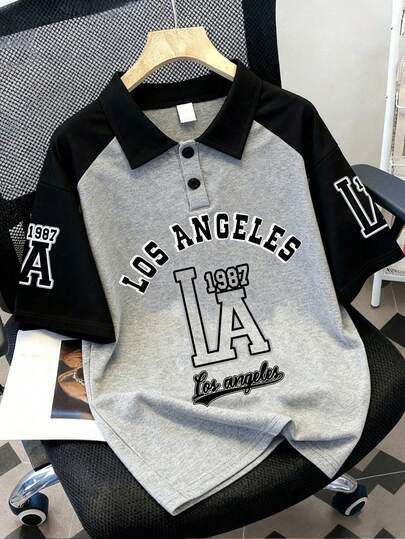 Áo Polo in chữ Los Angeles cổ điển dành cho nam thiếu niên, cổ áo phối màu tương phản giữa màu mơ và đen, tay raglan. Một bộ trang phục thường ngày mát mẻ, thiết kế tay ngắn thời trang, thoải mái và thân thiện với da, phù hợp để mặc vào mùa xuân và mùa hè.