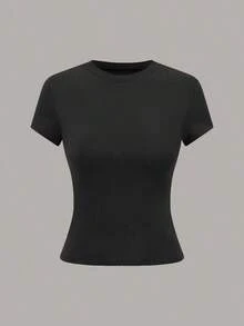 Blusa casual ajustada de unicolor con cuello redondo y manga corta para mujer - Multicolor - Ver 3
