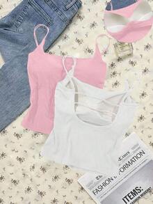 Paquete de 2 tops de camiseta acanalada con sujetador acolchado incorporado - Rosa y Negro/Lunares blancos, tops versátiles casuales para verano y uso en todas las estaciones, estilos suaves y limpios para chica, perfectos para el hogar, la escuela - Negro 6 - Ver 9