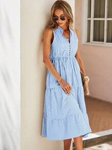 Vestido largo de línea A con cuello en pico y estampado de rayas, atuendo de vacaciones y playa para mujeres - Azul - Ver 6