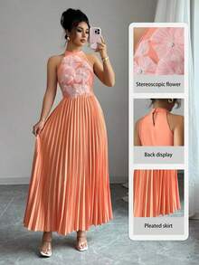Vestido plisado elegante para mujer, estilo romántico para vacaciones - Naranja - Ver 8