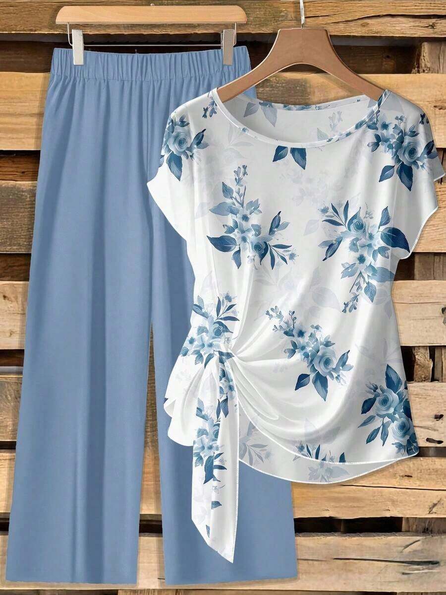 Clasi Conjunto de 2 piezas de blusa con lazo y pantalones de pierna ancha, con estampado de palmeras tropicales, adecuado para la playa, fiestas y uso casual, elegante - Multicolor 2 - Ver 1