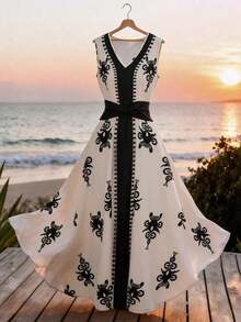 Vestido casual de mujer sin mangas con estampado de posicionamiento simple, vestido acampanado con cintura ceñida, adecuado para verano casual, vacaciones, primavera/verano, oficina, diario, fiesta, playa, graduación, uso versátil de oficina, ves - Multicolor 2 - Ver 7