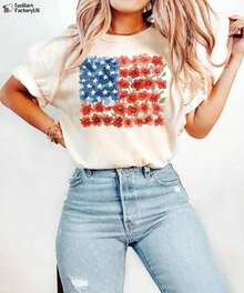 Camiseta con bandera floral de EE. UU., Camiseta del 4 de julio, Camiseta americana, Camiseta 1776, Camiseta de honor estadounidense, Camiseta floral con bandera americana, Camiseta de mujer para el 4 de julio - Blanco - Ver 1