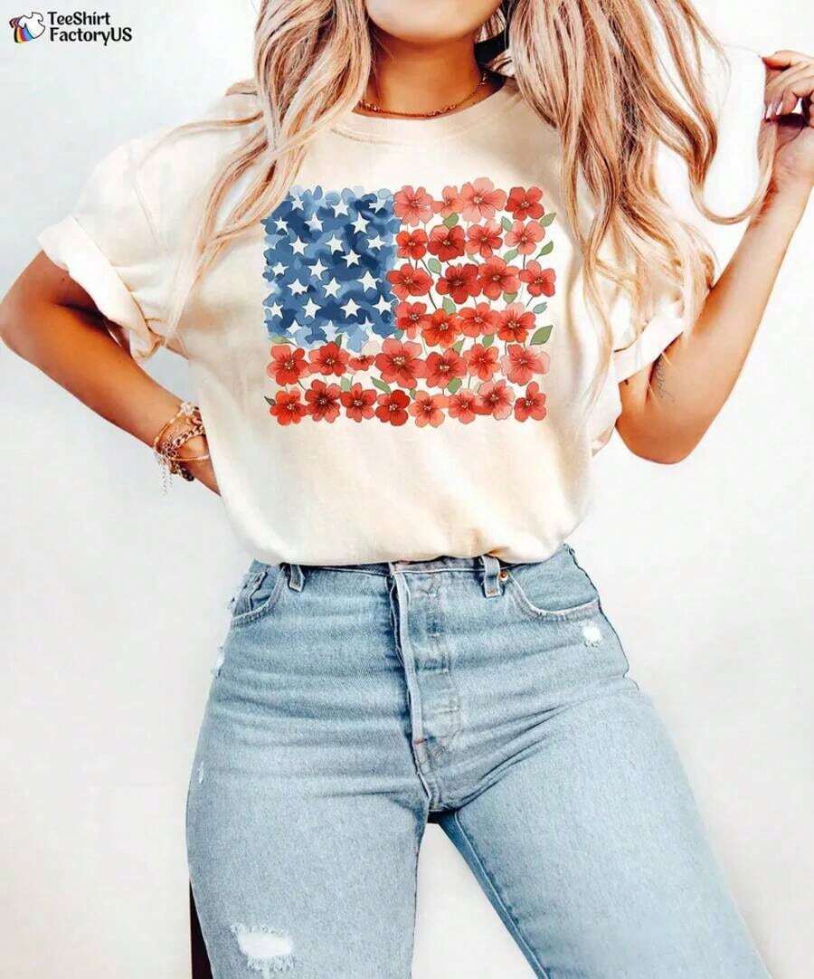 Camiseta con bandera floral de EE. UU., Camiseta del 4 de julio, Camiseta americana, Camiseta 1776, Camiseta de honor estadounidense, Camiseta floral con bandera americana, Camiseta de mujer para el 4 de julio - Blanco - Ver 1