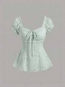 Blusa de gasa con bordado floral elegante y lazo, top de verano dulce y encantador para mujeres - Verde - Ver 1
