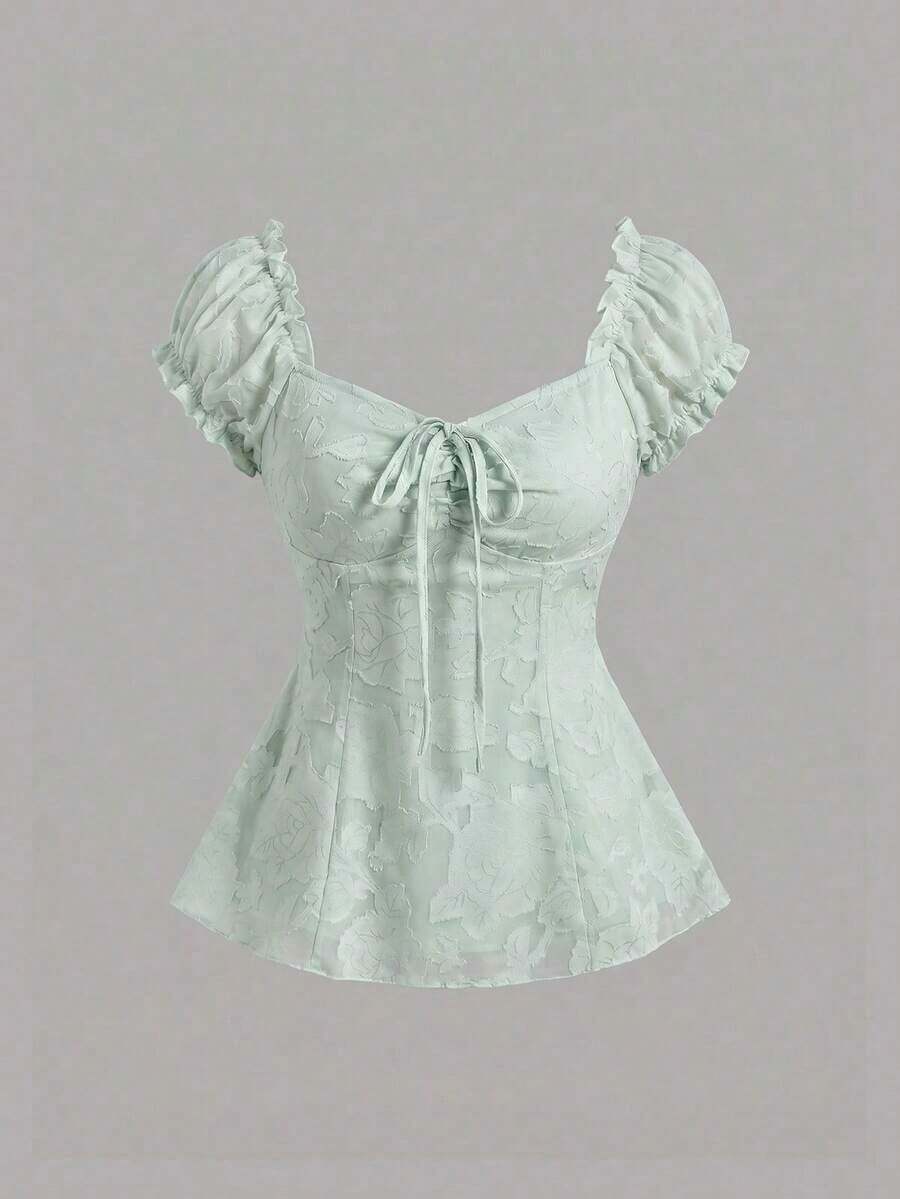 Blusa de gasa con bordado floral elegante y lazo, top de verano dulce y encantador para mujeres - Verde - Ver 1
