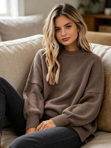 Women's Ribbed Knit Sweater With Long Sleeves And Crew Neck - Winter - Coffee Brown - View 2