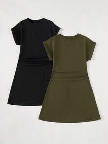 Set de 2 vestidos mini de manga corta y cuello redondo, de punto de unicolor casual, para mujeres - Verde militar - Ver 3