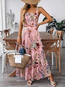 Vestido deslizante casual y elegante con diseño de cintura elástica, lazo de moño y estampado floral para vacaciones y uso diario de mujer - Rosa vieja - Ver 3
