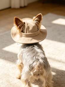 Sombrero de sol de poliéster con decoración de orejas lindas, ajustable anti-caída, protección solar, adecuado para perros de mascotas pequeñas para uso al aire libre en primavera, otoño e invierno - Caqui - Ver 2