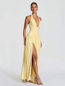 Nueva Llegada Vestido de Gala Cuello Halter Espalda Descubierta Abertura Alta - Amarillo - Ver 2