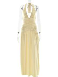 Nueva Llegada Vestido de Gala Cuello Halter Espalda Descubierta Abertura Alta - Amarillo - Ver 3