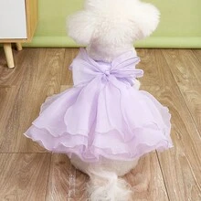 2pcs - Lavender Princess Style Big Bow Puff Dress With Gradient Princess Hair Clip, Multi-Layered Tulle Wedding Outfit For Small Dogs, Suitable For Bichon, Yorkshire, Chihuahua And Other Pets, Can Be Worn For Birthday Parties And Photos - Mauve Purple - View 7