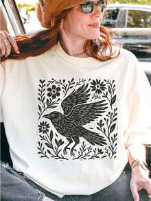 Camiseta con estampado de cuervo del bosque en lino, camiseta con linotipo de cuervo de arte popular, camiseta vintage de estilo forestcore, camiseta estética cottagecore goblincore de bruja, camisetas gráficas divertidas para hombres y mujeres, cuello redondo, camisetas casuales holgadas, adecuadas para primavera, verano y otoño. - Blanco - Ver 6
