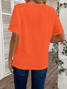 Camiseta de manga corta de uso diario versátil y casual con cuello en V para mujer - Naranja - Ver 2