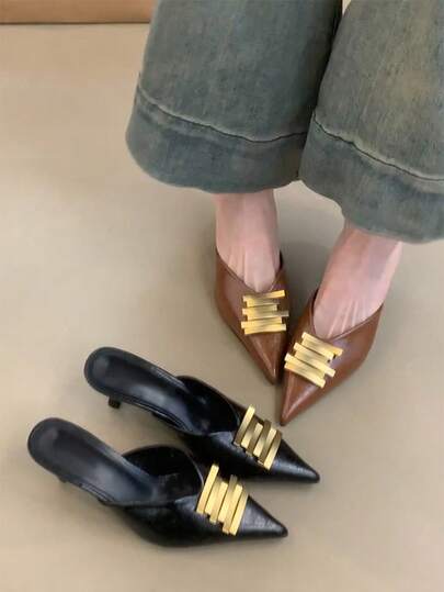 Pointed Toe Metal Decor Stiletto Mule Sandals, Women's Closed Toe Backless Slip-On Sandals, Pure Metal Beach Slides