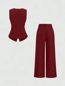 Sweetro Conjunto a juego de chaleco negro de una hilera y pantalones de pierna ancha con fruncidos - Color caoba - Ver 2