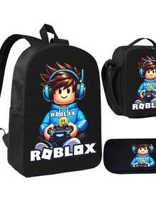 RobloxBlack Casual Backpack Combo Set - Includes Lunch Box & Pencil Case, Durable Daypack For School, Office, Outdoor Activities, Ideal Gift For Daily Use & Back To School - Black - View 1
