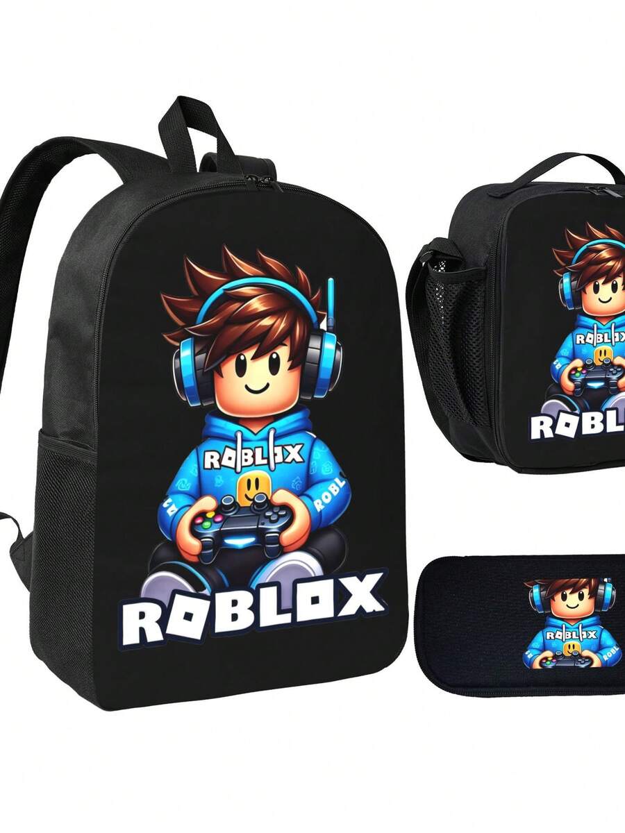 RobloxBlack Casual Backpack Combo Set - Includes Lunch Box & Pencil Case, Durable Daypack For School, Office, Outdoor Activities, Ideal Gift For Daily Use & Back To School - Black - View 1