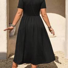 Rometta Elegant Casual V-Neck Pleated Design Short Sleeve Knit Plus Size Women Dress, New Arrival - Burdeos - Ver 7