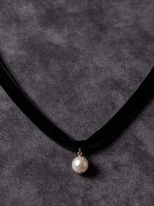 1 pieza Collar gargantilla de terciopelo negro sexy y de moda con colgante de perlas falsas, adecuado para uso casual y diario - Negro - Ver 5
