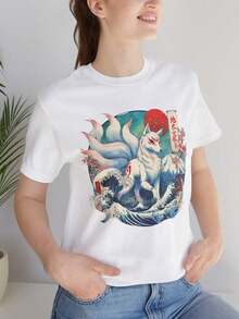 NineTailed Fox Illustration T1EE J1apanese KI1Une Art, Red Sun, Ocean Waves. - White - View 2