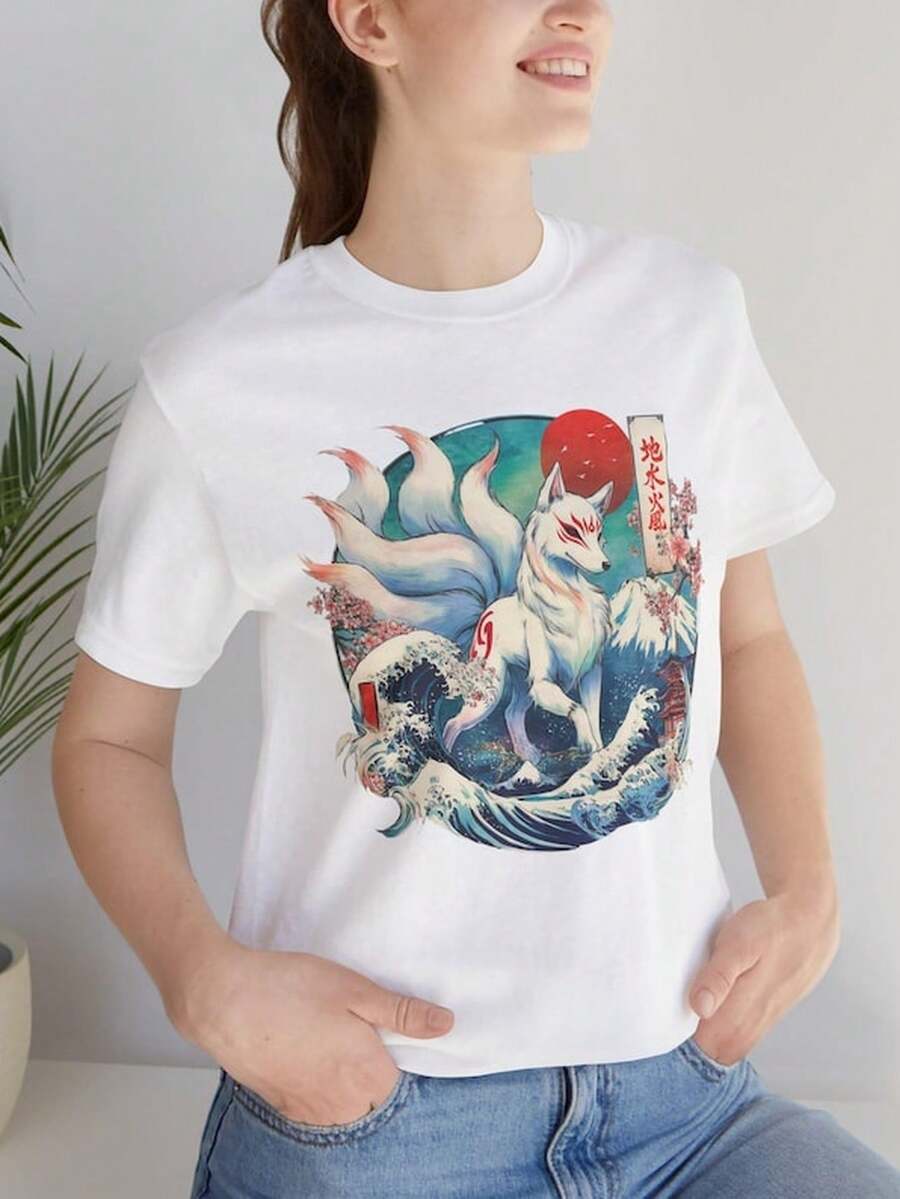 NineTailed Fox Illustration T1EE J1apanese KI1Une Art, Red Sun, Ocean Waves.