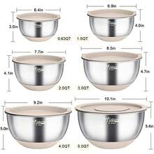 Wildone - Cuencos para mezclar con tapas herméticas, 22 cuencos de acero inoxidable, con accesorios de 3 ralladores, marcas de escala y parte inferior antideslizante, tamaño 5, 4, 3, 2, 1.5, 0.63QT - Caqui - Ver 3