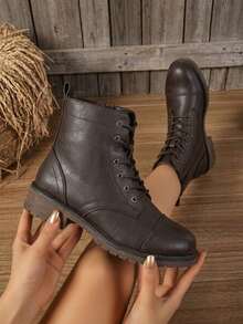 Women's Lace Up Combat Ankle Boots – Flat Low Heel Fashion Booties - Mocha Brown - View 1