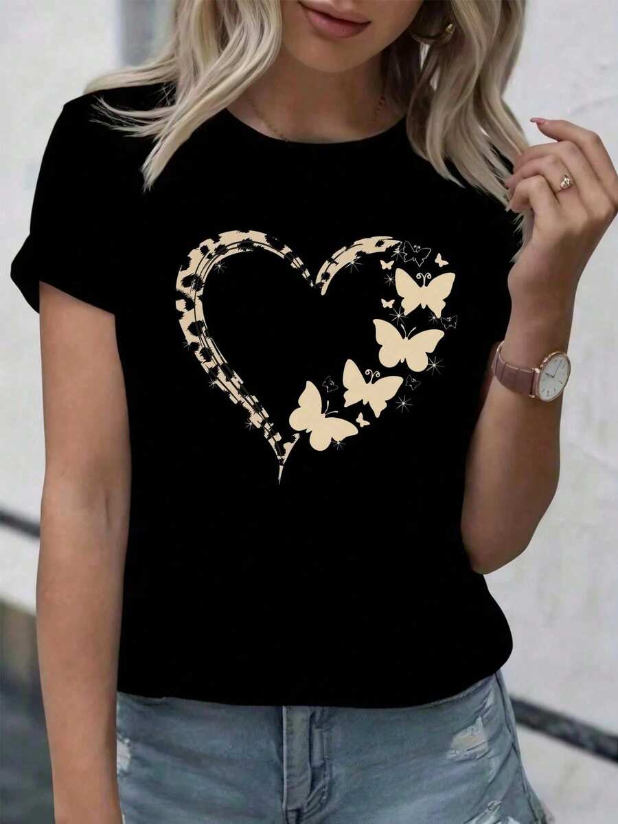 Camiseta con estampado de camisa casual para mujer, manga corta y cuello redondo, moda urbana local de primavera/verano. - Negro - Ver 1