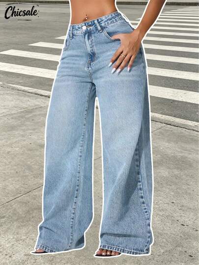 Light Blue Washed Flare Wide Leg Jeans, Relaxed Fit Suitable For Daily Commute Casual