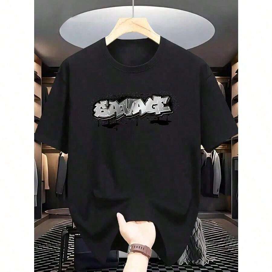 Camiseta de Manga Corta con Patrón de Moda para Hombres de Verano - Negro - Ver 1