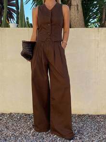 Conjunto de mezclilla informal para mujer con chaleco de mezclilla sin mangas de cuello en V y pantalones rectos - Marrón - Ver 5