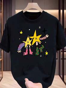 Camiseta de manga corta con cuello redondo, estampado floral, corte holgado, de tela suave, para mujer, estilo casual urbano. - Negro - Ver 1