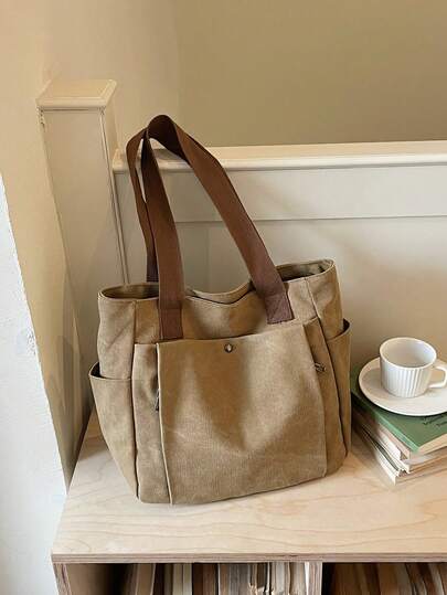 Large Capacity Multi-Pocket Canvas Tote Bag | Minimalist Silhouette + Distressed Canvas Fabric, Practical Storage, Suitable For Commuting, Short Trips, Carrying Books, Business Trips, Simple Commuter Style
