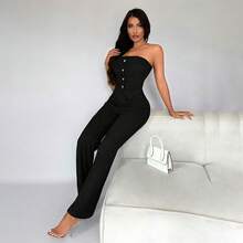 2026 Verano Conjunto 2 Piezas Mujer, Top Tubo Elástico con Decoración de Botones y Pantalones Pierna Acampanada - verde oscuro - Ver 5
