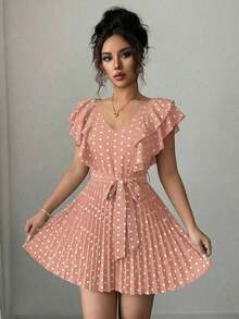 Vestido elegante y romántico para vacaciones con cuello en V con volantes, cintura ceñida y estampado de lunares en forma de línea A para mujeres - Multicolor 10 - Ver 7