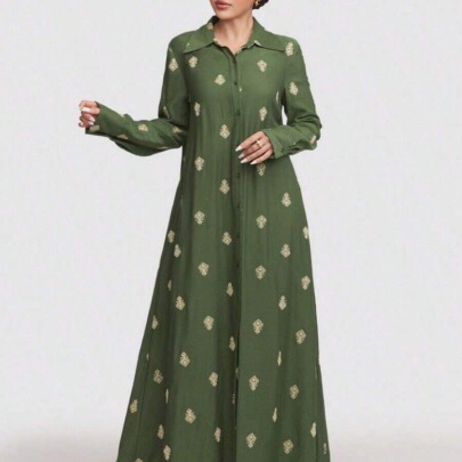 Women's Floral Print Long Sleeve Single-Breasted Casual Long Abaya Dress Modest - Verde - Ver 1