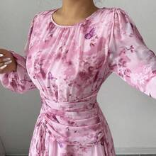 Women's Summer Chiffon Butterfly Print Ruched Round Neck Long Sleeve Dress Modest Dress Floral Dress Maxi Dress Printed Dress Yellow Floral Dress For Women Yelloe Dress Zanzea Dress For Women Ycv9w Discount Code For Woman Dress - Albaricoque - Ver 5