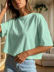 Blusa de mujer de cuello redondo, manga corta, holgada y casual, de estilo minimalista, elegante y sexy Y2K, adecuada para uso diario, oficina, hogar, exterior, primavera/verano - verde menta - Ver 3