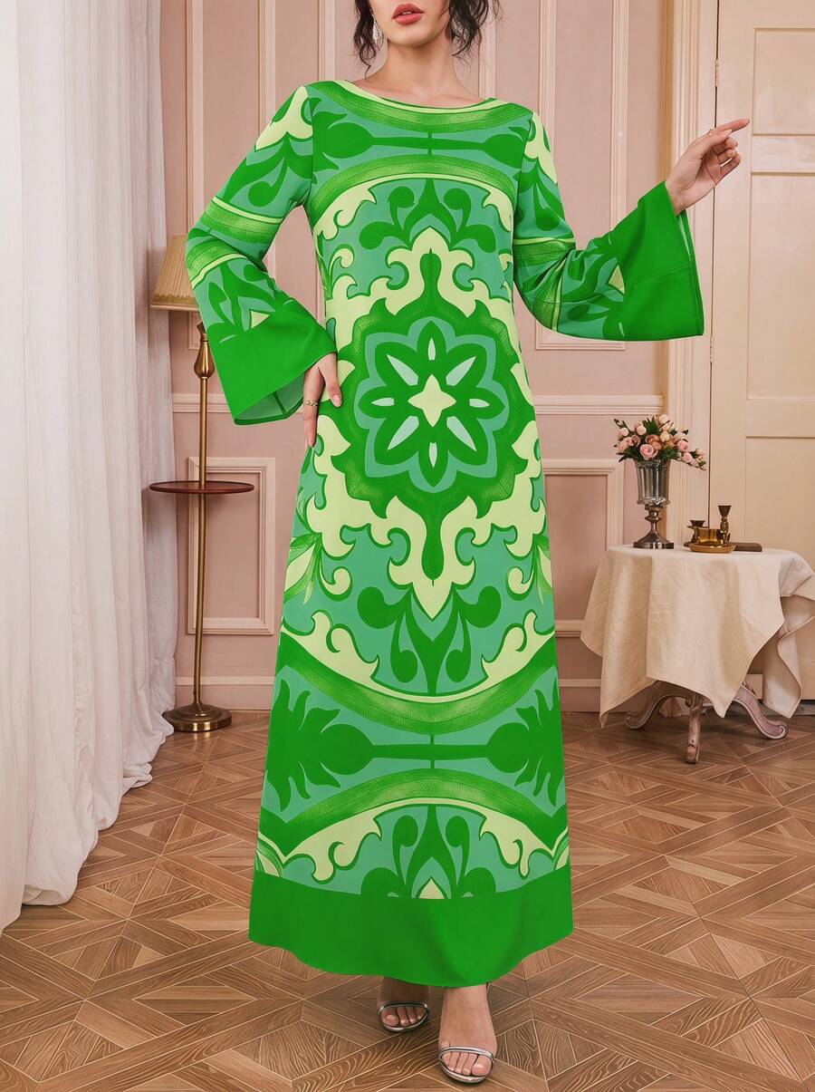 Solessence 中东风情女士长袍，圆领，撞色花卉印花，宽松长袖荷叶边袖口，优雅，充满度假气息，适合假日、秋冬季节、休闲长裙、晚礼服等场合。