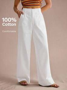 Tall Pantalones anchos de cintura alta con bolsillos, pantalones casuales de mujer 100% algodón blancos - Blanco - Ver 8