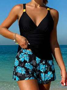 Swim Lushoire Conjunto de tankini de verano para vacaciones con top corto con tirantes finos y fruncido, y shorts de natación holgados de cintura alta con bolsillos para mujer - Multicolor - Ver 4