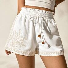 X Scot Louie White Woven Women's Casual Boho Color Block Embroidery Comfy Shorts Bead Strap Graduation - Negro - Ver 10