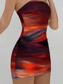 Vestido casual, elegante y sexy de estampado abstracto marrón café, tipo bandeau y ajustado, apropiado para el verano, vacaciones y fiestas - Multicolor 2 - Ver 6