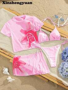 Conjunto de bikini de 4 piezas/set con top de manga corta de tela de malla con estampado floral sexy y elegante, Bottom de traje de baño con lazos laterales, tela de estiramiento medio, adecuado para vacaciones, playa, actividades en la piscina, fiestas en la playa, verano - Multicolor 2 - Ver 7