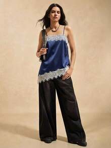 Camiseta de satén marrón con ribete de encaje para mujer - Azul marino - Ver 4